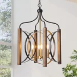Modern minimalist chandelier/pendant light, farmhouse style chandelier makes your home more cozy. Living room chandelier/pendant light, kitchen island chandelier/pendant light, bedroom chandelier/pendant light, chandelier suitable for installation over dining table.This chandelier is in natural wood color with high-quality metal frames, forming a semicircular hollow cage, combining a modern and traditional feel to your home