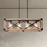 Modern minimalist chandelier/pendant light, farmhouse style chandelier makes your home more cozy. Living room chandelier/pendant light, kitchen island chandelier/pendant light, bedroom chandelier/pendant light, chandelier suitable for installation over dining table.This chandelier is in natural wood color with high-quality metal frames, forming a semicircular hollow cage, combining a modern and traditional feel to your home