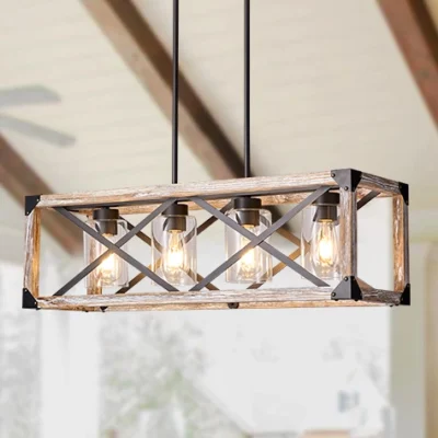 Full of modern farmhouse style, this Cuca Chandelier features a classic rectangular silhouette with 4 exposed lights(Not included) that will enhance the brightness of any room. It features not only exposed light bulbs, but a wooden rectangular frame with black metal lines crisscrossing the middle, giving it a farmhouse style yet an industrial aesthetic. We love to hang this farmhouse wheel chandelier in a living room, dining room, kitchen island, and entryway to enjoy a chic farmhouse look.