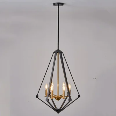 Diamond Epazo Pendant Light is a very American industrial style pendant light, the overall frame is made of black stainless steel with an openwork diamond frame, the center base is made of brass in the shape of a candelabra, and there are a total of six light sources to provide illumination, which is perfect for your minimalist home décor.