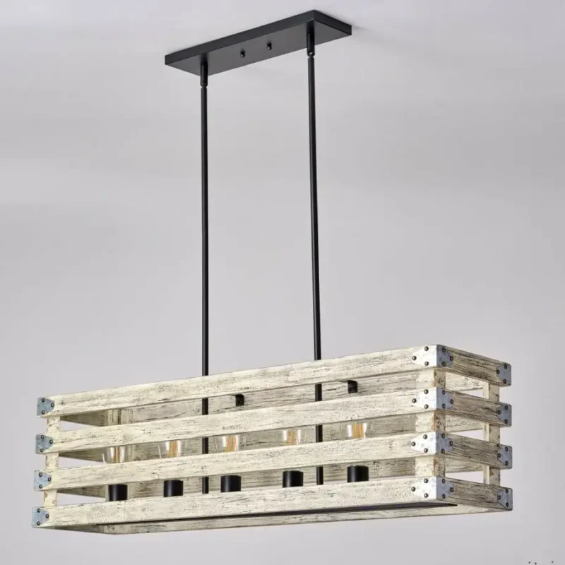 Farmhouse in its elegance, this wood rectangle linear chandelier is one of a kind choice for your home. The rectangle shape has a wooden frame that encases 6 bulbs (not included) with a linear design. Give your kitchen island, dining room, or entryway a refined traditional look with the Era 6 Chandelier. The wood rectangle linear chandelier keeps its farmhouse charms and will shine its brightest when installed in a home with wood nature to strengthen the warmth.