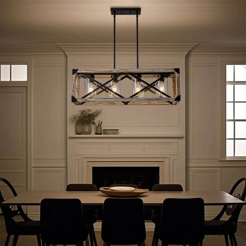 Full of modern farmhouse style, this Cuca Chandelier features a classic rectangular silhouette with 4 exposed lights(Not included) that will enhance the brightness of any room. It features not only exposed light bulbs, but a wooden rectangular frame with black metal lines crisscrossing the middle, giving it a farmhouse style yet an industrial aesthetic. We love to hang this farmhouse wheel chandelier in a living room, dining room, kitchen island, and entryway to enjoy a chic farmhouse look.