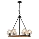 Farmhouse style meets modern minimalist on this Crystal Wood Flyer Chandelier. This vintage-style linear chandelier is compatible with sloped ceilings. 6 irregularly shaped glass lampshade perches on the wooden round base, each designed to house an E12 candelabra base bulb (not included) that adds a candle style to this linear chandelier. Let the warm glow of this embrace you with this farmhouse kitchen island chandelier rustic matte black and wood-like finish.