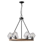Farmhouse style meets modern minimalist on this Crystal Wood Flyer Chandelier. This vintage-style linear chandelier is compatible with sloped ceilings. 6 irregularly shaped glass lampshade perches on the wooden round base, each designed to house an E12 candelabra base bulb (not included) that adds a candle style to this linear chandelier. Let the warm glow of this embrace you with this farmhouse kitchen island chandelier rustic matte black and wood-like finish.