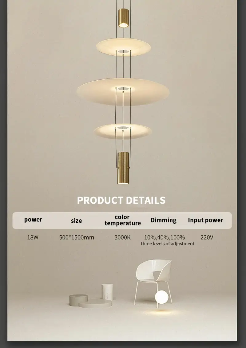 The lamp body is made of three stacked glass discs with a frosted texture. High display, no flash source, new full-spectrum diffuse reflection principle, light decay resistance, combined with frosted glass, soft and natural light transmission. The brushed metal process realizes aesthetics and corrosion resistance, making the product both fashionable and technological elements.