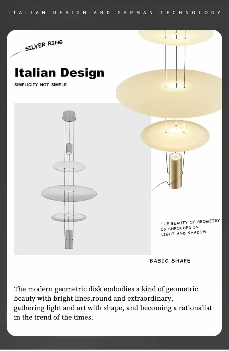 The lamp body is made of three stacked glass discs with a frosted texture. High display, no flash source, new full-spectrum diffuse reflection principle, light decay resistance, combined with frosted glass, soft and natural light transmission. The brushed metal process realizes aesthetics and corrosion resistance, making the product both fashionable and technological elements.