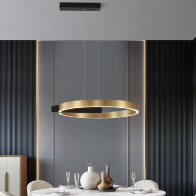 Round geometric modern luxury chandelier/pendant light for living room, study and bedroom. Height adjustable, LED light, light source is adjustable.