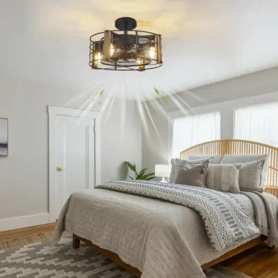 The caged ceiling fan with light is the perfect blend of industrial and farmhouse style for any style of decor. It can be used as a pendant light or recessed ceiling light for any room.The 6-speed wind of the fan can be switched at will, supporting one-key natural wind.The 7 invisible wood color ABS blades can bring enough wind to circulate indoor air, creating a quiet and comfortable sleeping environment for you.