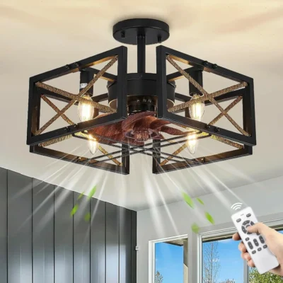 This 20' black farmhouse ceiling fans with lights has a classic and elegant vintage style, it can decorate your room perfectly. Black farmhouse ceiling fans with light can be used all E12 bulbs(bulbs not included). All operations can be done by remote control, 6 speeds & can be timed (1/2/4 hours), fans & lights can be turned on separately. 【Reversible and Quiet Motor】This industrial flush mount ceiling fan motor offers 6 speeds, low noise, low resistance and reversible function. It can release a lot of cold air in summer and make the wind direction reversible in winter, bringing warmth to the room . 【Easy to Install & Widely Used】Most of the functional parts of the modern enclosed ceiling fans are already assembled, and you only need to follow the instructions to complete the installation in a few minutes, very easy. Fan lights can be widely used in bedrooms, hallways, living rooms, dining rooms and other places.
