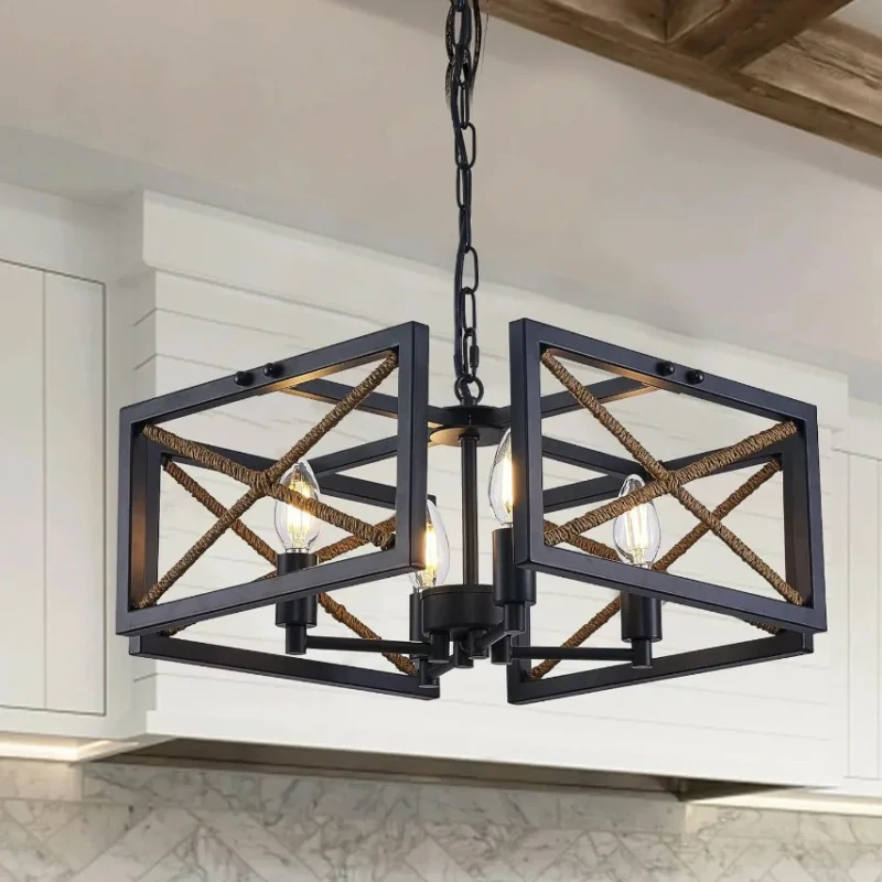 The chandelier is crafted from metal, the matte black main body strikes a classic america antique style, the arms are dotted with 4 candle arms lights, the chandelier light fixture can be as dining room, kitchen island, foyer , living room, hallway, and bedroom. This foyer chandelier will perfectly fit the height of your ceiling, is equipped with an adjustable chain, which can adjust the height of 25-63 inches. Our modern chandelier can be installed on the flat, sloped, or vaulted ceiling.