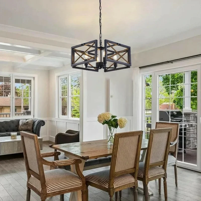 The chandelier is crafted from metal, the matte black main body strikes a classic america antique style, the arms are dotted with 4 candle arms lights, the chandelier light fixture can be as dining room, kitchen island, foyer , living room, hallway, and bedroom. This foyer chandelier will perfectly fit the height of your ceiling, is equipped with an adjustable chain, which can adjust the height of 25-63 inches. Our modern chandelier can be installed on the flat, sloped, or vaulted ceiling.
