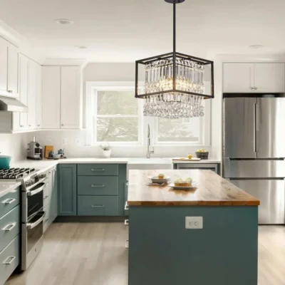Unique square chandelier combines modern and industrial styles with black metal frame and crystal embellishments to add elegance Includes mounting hardware and instructions for easy installation; E26 base compatible with LED, halogen, incandescent bulbs up to 40W (bulbs not included) 12.6 inch hanging height; 5.11 inch ceiling base diameter; 24 inch length, 11.8 inch width and height Perfect for dining room, kitchen, living room, bedroom, bathroom, or any space needing a touch of sophistication