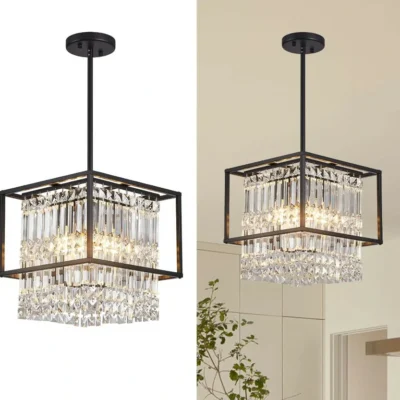 Unique square chandelier combines modern and industrial styles with black metal frame and crystal embellishments to add elegance Includes mounting hardware and instructions for easy installation; E26 base compatible with LED, halogen, incandescent bulbs up to 40W (bulbs not included) 12.6 inch hanging height; 5.11 inch ceiling base diameter; 24 inch length, 11.8 inch width and height Perfect for dining room, kitchen, living room, bedroom, bathroom, or any space needing a touch of sophistication