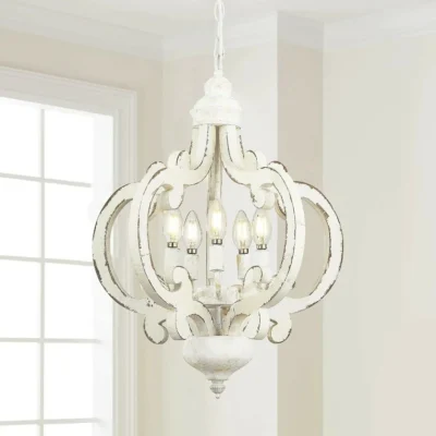 This farmhouse wooden chandelier features a distressed white finish, lantern shaped design and 5 bases. This lighting design can be used for all ceilings, including flat,sloped and vaulted ceilings. The farmhouse pendant light is perfectly used for kitchen island, living room, dining table room, farmhouse, restaurant, entryway, bar, corridor, workshop, hallway, foyer and any other dry place.