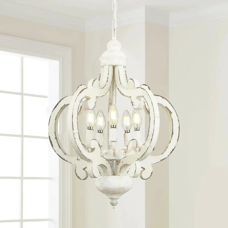 This farmhouse wooden chandelier features a distressed white finish, lantern shaped design and 5 bases. This lighting design can be used for all ceilings, including flat,sloped and vaulted ceilings. The farmhouse pendant light is perfectly used for kitchen island, living room, dining table room, farmhouse, restaurant, entryway, bar, corridor, workshop, hallway, foyer and any other dry place.