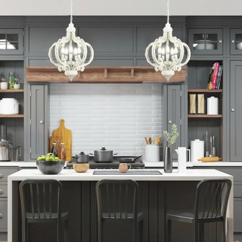 This farmhouse wooden chandelier features a distressed white finish, lantern shaped design and 5 bases. This lighting design can be used for all ceilings, including flat,sloped and vaulted ceilings. The farmhouse pendant light is perfectly used for kitchen island, living room, dining table room, farmhouse, restaurant, entryway, bar, corridor, workshop, hallway, foyer and any other dry place.