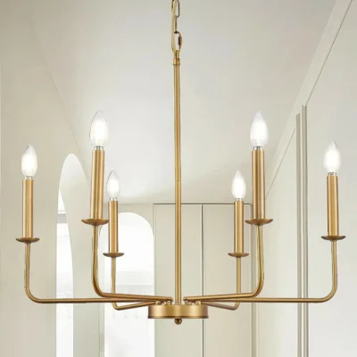 Add a touch of timeless elegance to your dining room or bedroom with our 6-Light Farmhouse Modern Chandelier. Its classic candle design combines traditional charm with modern aesthetics, creating a captivating centerpiece for any space. With an adjustable chain length(MAX: 34.25''), this chandelier offers flexibility to suit different ceiling heights and room sizes. Create the perfect ambiance by choosing the ideal hanging height for your dining room or bedroom.
