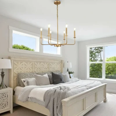 Add a touch of timeless elegance to your dining room or bedroom with our 6-Light Farmhouse Modern Chandelier. Its classic candle design combines traditional charm with modern aesthetics, creating a captivating centerpiece for any space. With an adjustable chain length(MAX: 34.25''), this chandelier offers flexibility to suit different ceiling heights and room sizes. Create the perfect ambiance by choosing the ideal hanging height for your dining room or bedroom.