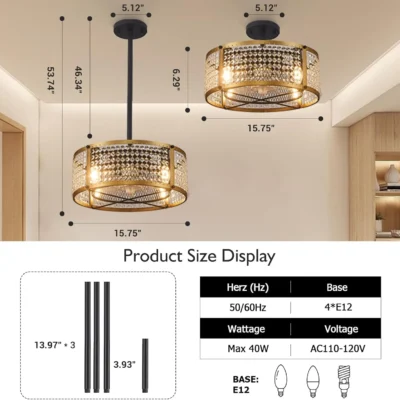 "Crystal Modern Industrial Ceiling Fan Lights" merge contemporary design with industrial flair, creating a striking focal point for any room.